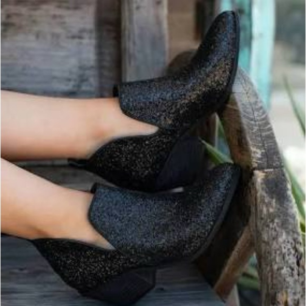 Corkys Black Glitter Ankle Booties with Chunky Heel
